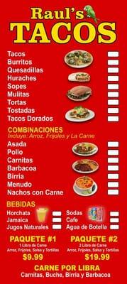 Raul's Tacos Menu.