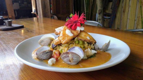 Red snapper and clams over rice pilaf with saffron sauce