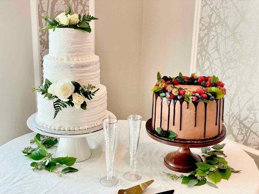 Delicious wedding cake and red velvet grooms cake!