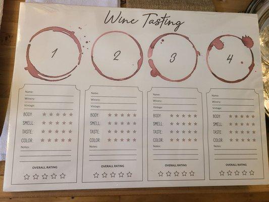 Preprinted Sheets for Wine Tasting