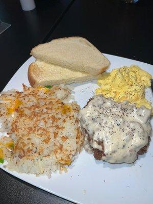 Country fried steak and stuffed hashbrowns