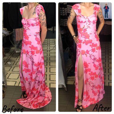 Alteration done on this beautiful dress. Shoulder strapped moved to right place and shortened the dress.