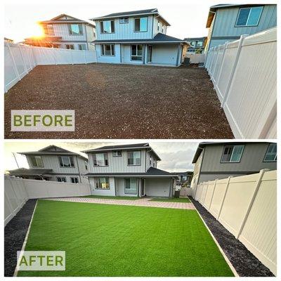 Synthetic Turf, Buff Brick Pavers, Brick Edging and Gravel.