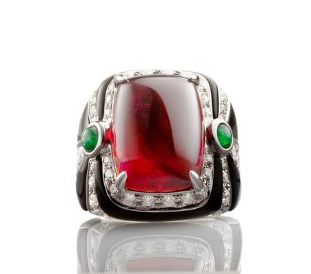 Rubellite Onyx and Diamond Ring