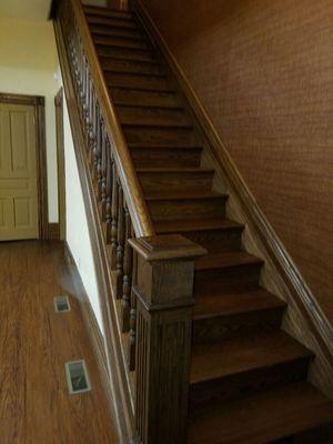 Removing old pine stairs and stain, polyurethane and install nice oak railing, spindles, trim and steps