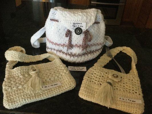 Hand Crocheted, Lined Handbags, & Backpack with Cell Phone pocket