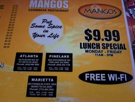 Menu showing lunch special until 3 PM and free WiFi, however both of these statements are false!