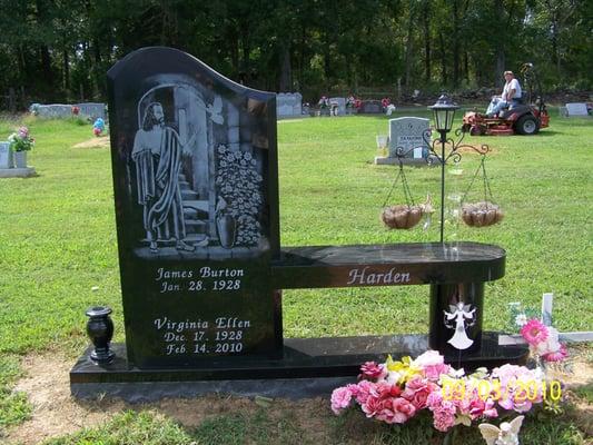 Beautiful laser etched black granite custom stone by All Seasons Monuments, Shelbyville, TN, 931-684-3904