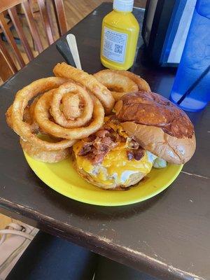 Chicken Bacon Ranch Sandwhich (fried) with Onion Rings. The fries were also very good!