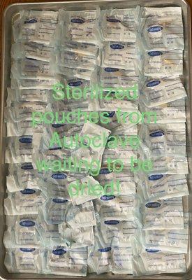 Pouches sterilized in the autoclave are damp at the end of the sterilization process which needs to be air dried on a sanitized tray prior t