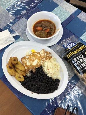 Carne Asada, black beans, fried eggs, maduros, and a fried egg- DELICIOUS!