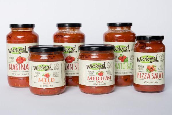 Jars of salsa, jars of pasta sauce, and jars of pizza sauce all from Wicked Pizza Company in Saint Paul, Minnesota.