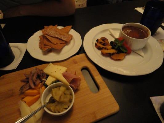 cheese and meat platter and chocolate soup