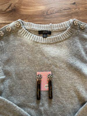 J. Crew lambswool sweater with rhinestones and a pair of tortoise shell earrings