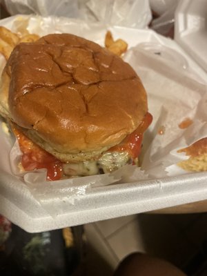 DOUBLE STACK SMOKED BACK YARD BURGERS with fries