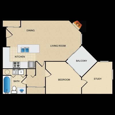 One Bedroom, One Bathroom w/ Study, 850 sq. ft.