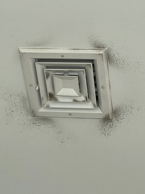 Every ceiling diffuser has stained the area around its edges due to dirty ductwork and poor air filter maintenance