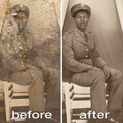 Repaired extensive damage to this wonderful WWII soldier's portrait.