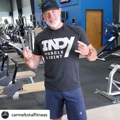 Carmel Total Fitness Marketing Director Sean Showing of his Indy Muscle & Joint shirt!