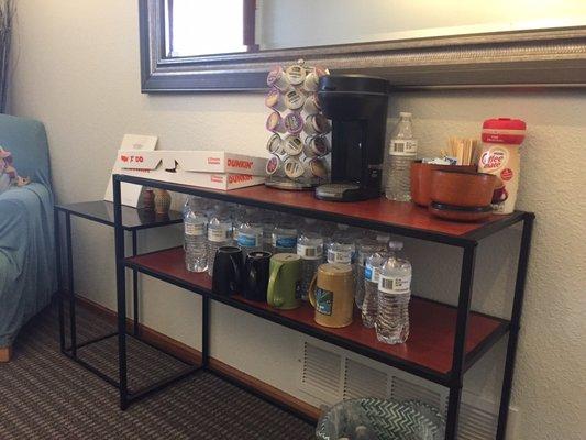 Little lobby area with coffee and tea