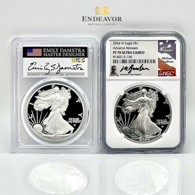 2024-W PCGS PF70 AR Silver American Eagle signed by Emily Damstra & 2024-W NGC PF70 AR Silver American Eagle signed by Michael Gaudioso