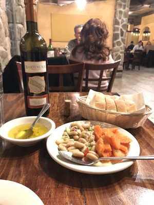 My wine and the free sides: bread, season carrots and chick peas.