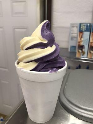 Our famous Swirl Ice Cream.  The Swirl consists of Peach and Blueberry.  It doesn't get any sweeter than this.