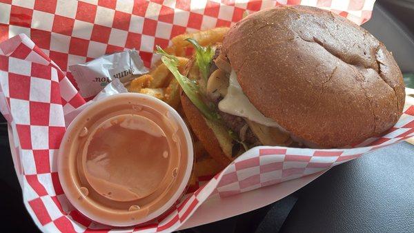 Mushroom Swiss burger and fries. Yum.