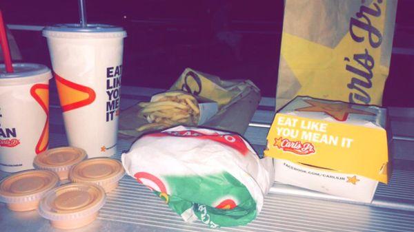 Ray got the Jalapeno Double Cheeseburger, Chicken Fingers, Fries, and a drink.