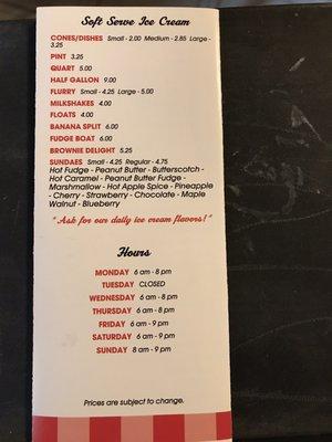 Menu with pricing as of 12/27/2021