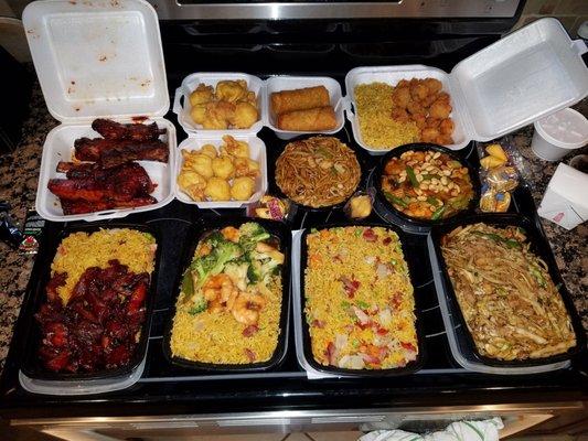 BBQ Spare Ribs, Crab Rangoon, Egg Rolls, Lo Mein,Kung Pao, Fried Shrimp, Boneless Ribs, Shrimp w Broccoli, Pork Fried Rice, Moo Shu Pork