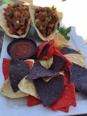 Tropical Steak Tacos with Chips and Salsa side