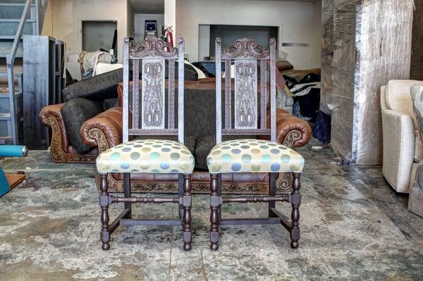 Expensive Dinning Chairs Reupholstered for a customer in Van Nuys CA. Proudly by William Rovira at Custom Furniture By WM