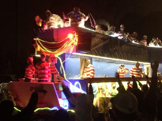 2/3/18. 27th Krewe of Centaur Parade. 42 degrees and raining. At end of route. 1300 East Kings Hwy and 100 Preston Ave. Duck Pond.