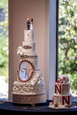 Bride and Traditional Groom cake Package with a drip and chocolate covered strawberries