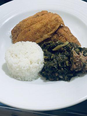 Southern Fried Catfish, Spicy African Greens, Jasmine Rice!! Very Delightful!!!