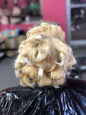 Silk press with curls and custom color