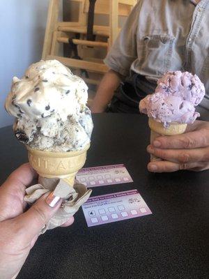 Double scoop of huckleberry & cookie dough & cookies & cream.