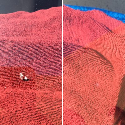 Here is a before and after picture of a rock chip repair done by a GlassTEK technician.