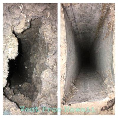 Before and after of a dryer stack cleaning.