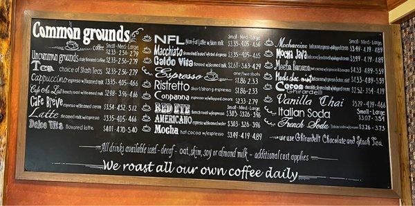 Hot drink menu