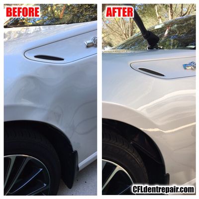 Subaru BRZ fender repaired using The Paintless Dent Removal Method. CFLdentrepair.com