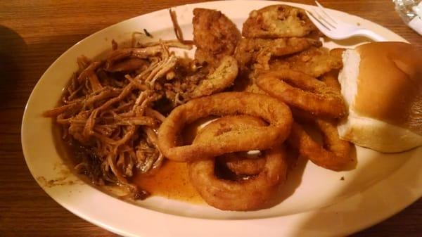 House made pulled pork, fried green tomatoes and onion rings!