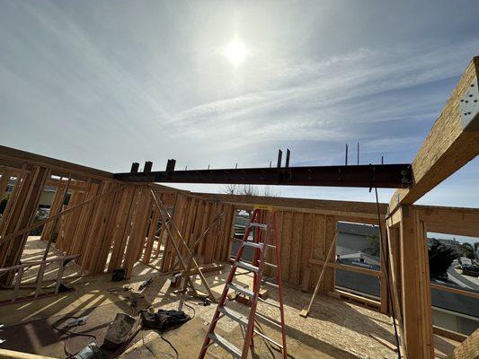 Another cool shot of an I Beam on the second floor of a custom built beach home in Pierpont Ca.