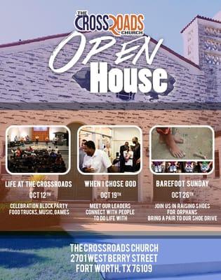 Join us for our Open House on October 12, 2014 at 11 am.  For more information, visit thecrossroadstx.org