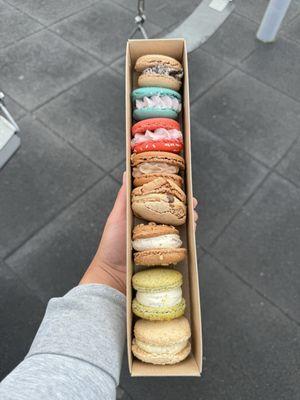 Oreo, blue raspberry, strawberry, chocolate, coffee, chocolate, pistachio and coconut macrons