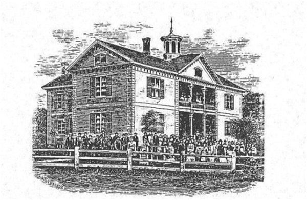 A woodcut of Hitchcock Free Academy, founded in 1855 by Samuel A. Hitchcock.