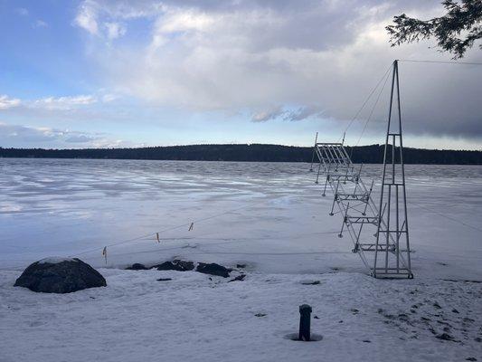 Dock safe from frozen lake.