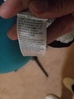 Care tag stating may be dry cleaned.