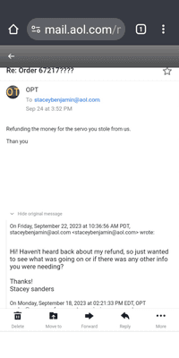 This is the email reply I was sent in lieu of my asking for a refund for a part I paid for and didn't receive.